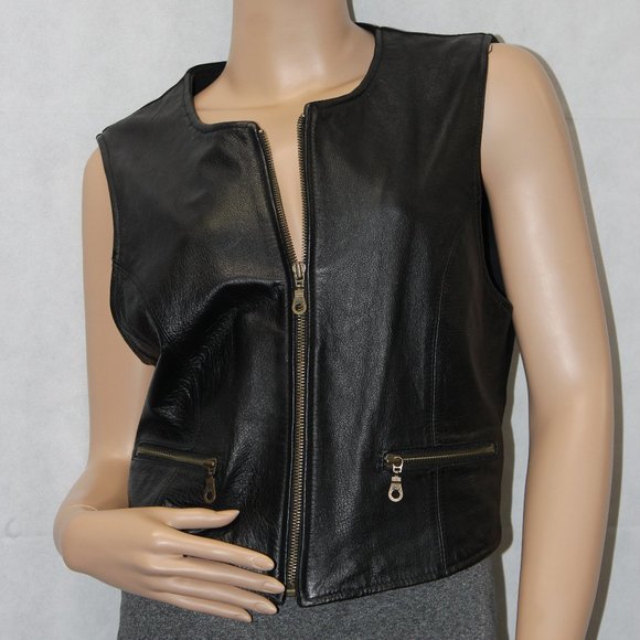 Vintage Jennifer Moore Black Leather Vest Women's - Picture 1 of 8